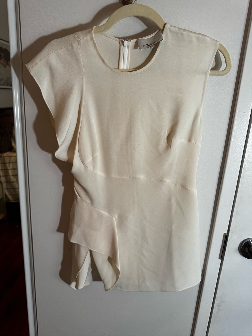 3.1 PHILLIP LIM Cream Asymmetric Ruffle Cap-Sleeve Tunic